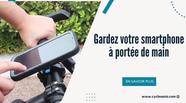 Support telephone velo fixé sur le guidon avec smartphone maintenu en toute stabilité